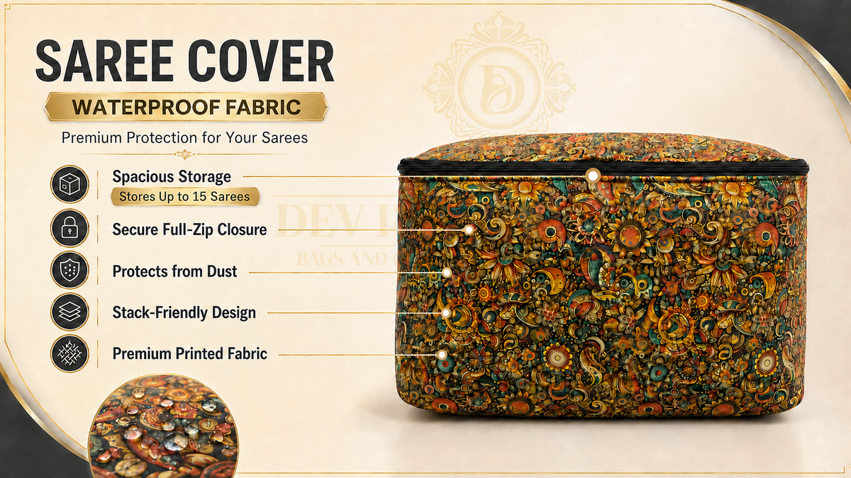 A patterned saree cover on a beige promotional background with text callouts. The cover has an ornate multicolor floral and paisley print in orange, gold, green, and brown tones, with a black zipper closure.