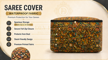 A patterned saree cover on a beige promotional background with text callouts. The cover has an ornate multicolor floral and paisley print in orange, gold, green, and brown tones, with a black zipper closure.
