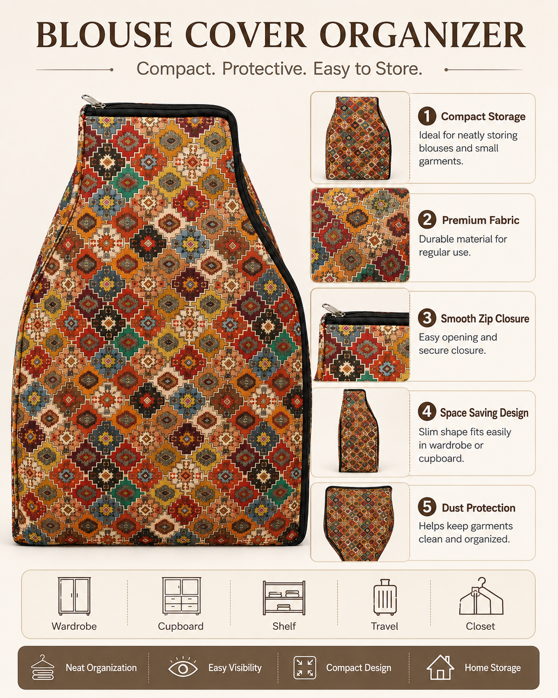 Premium Printed Blouse & Choli Cover Organizer – Waterproof Fabric, Full Zip Closure