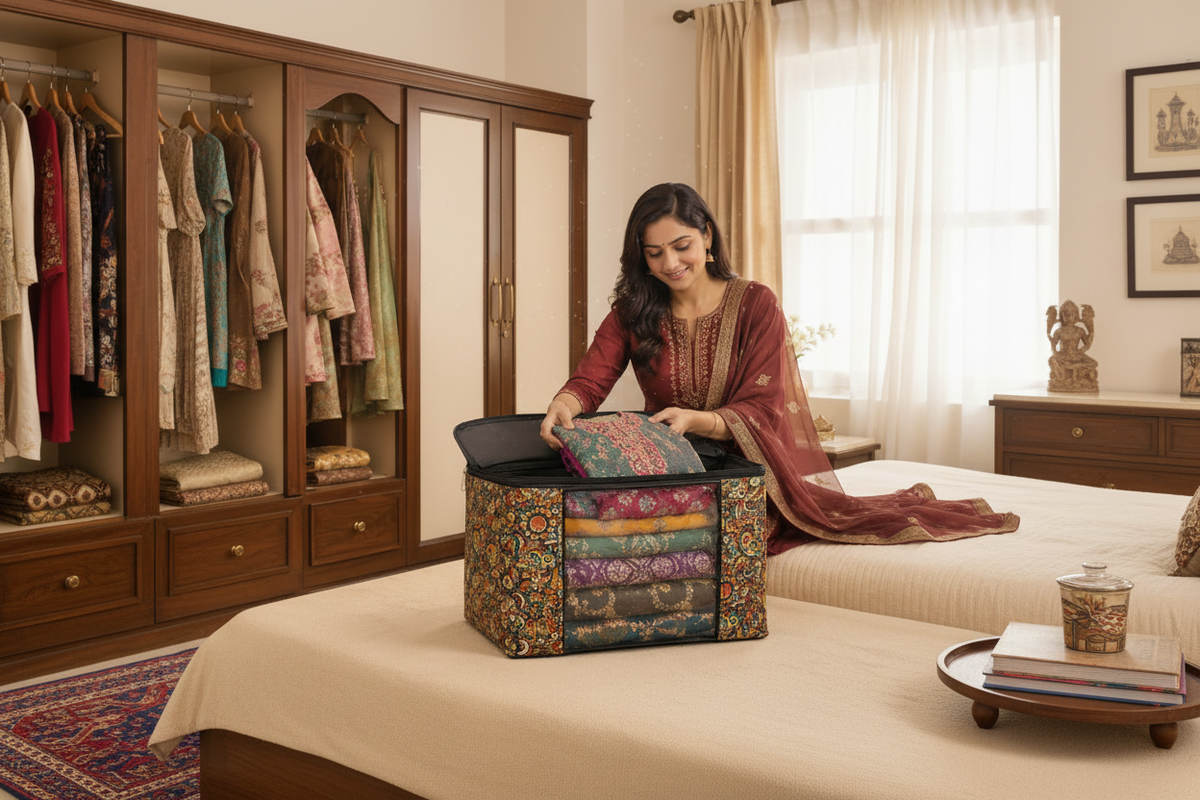 A woman in a rust-red traditional outfit organizes folded patterned fabric pieces into a large decorative storage box with a black interior, placed in a warm, furnished room.